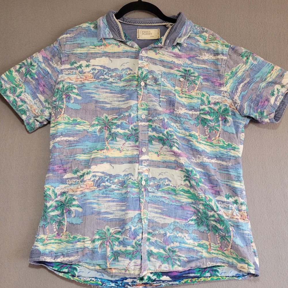 Free Planet Mens Large Tropical Palm Tree Button Down Shirt Blue Short Sleeve